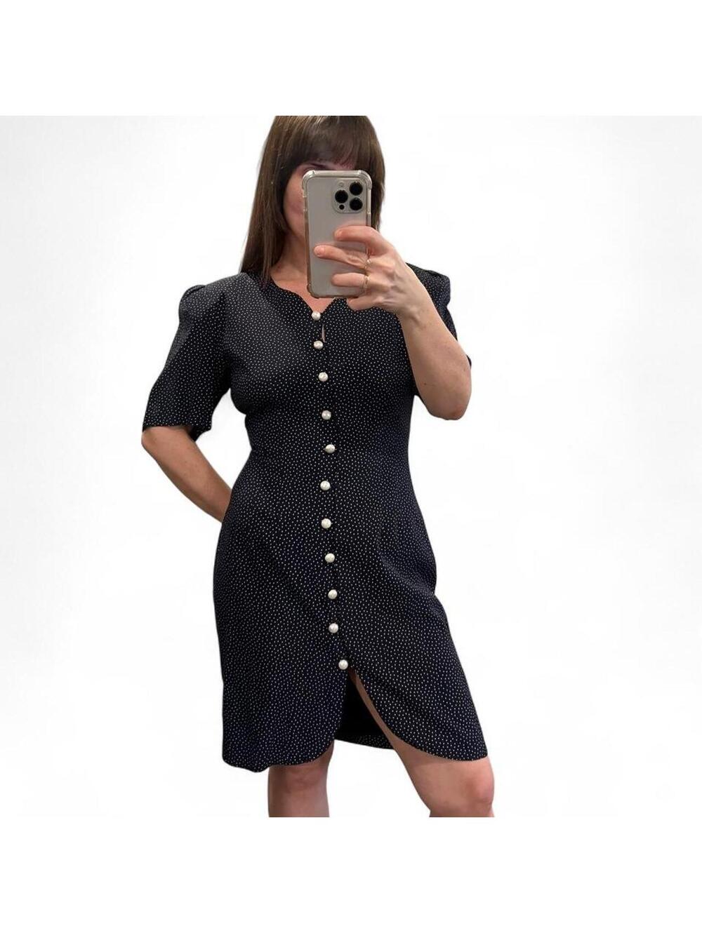 Vintage 90s Navy Polka Dot Button Front Dress Pearl Buttons